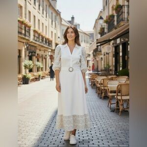 Solitaire White Maxi Linen Blend Dress with Lace Sleeves